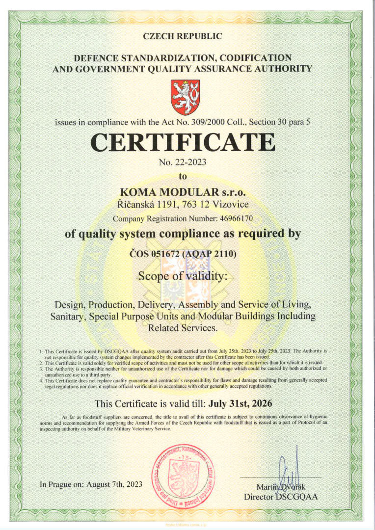 Certificate of quality system compliance as required by ČSN EN ISO 9001:2016, ČOS 051672