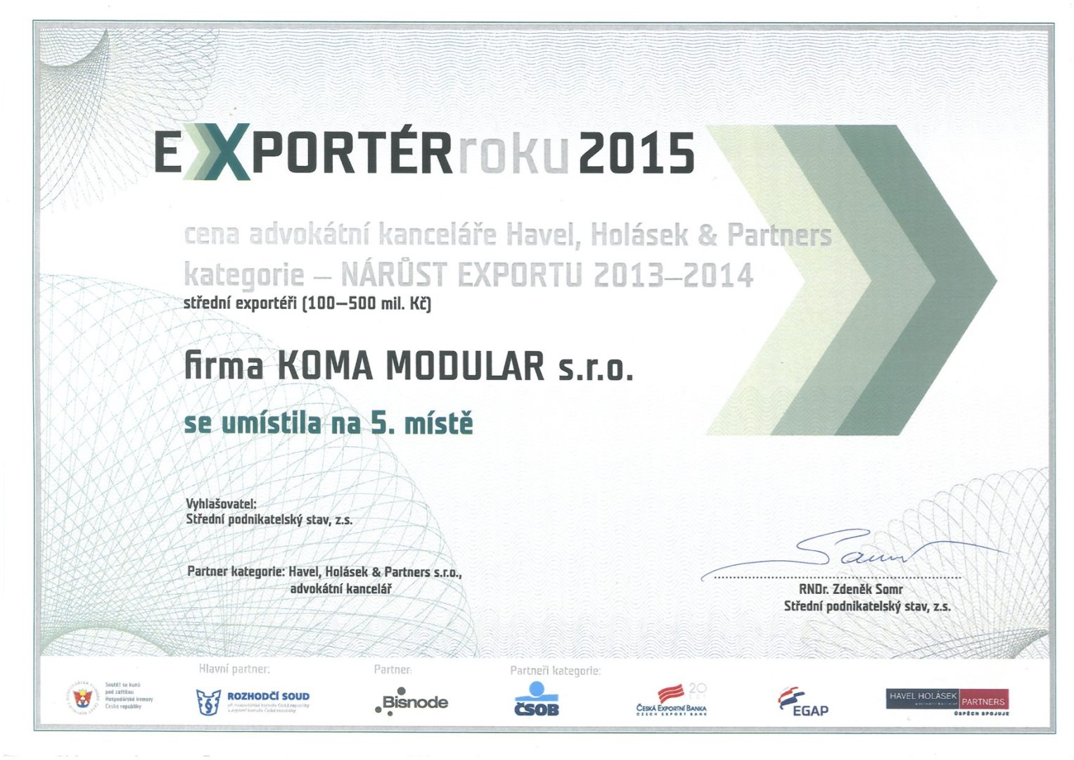 Exportér roku 2015 - umístění v kategorii středních exportérů 100-500 mil. Kč