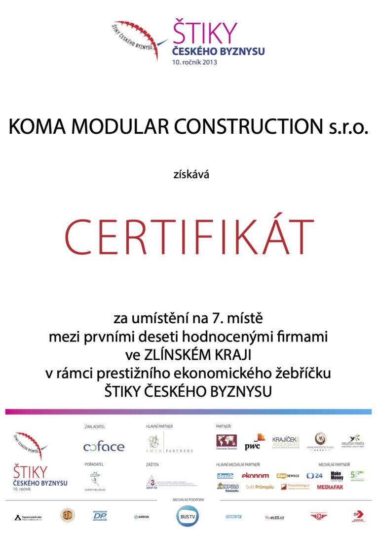 KOMA was placed among the TOP 10 Czech Businesses in the Zlín Region – „Pikes“ of Czech Business rakings